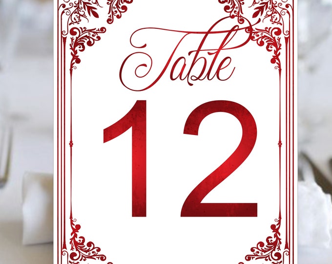 Table Numbers Vintage Red Filigree Wedding | Table Seating Cards | Item TN-619-10 | lovebirdslane