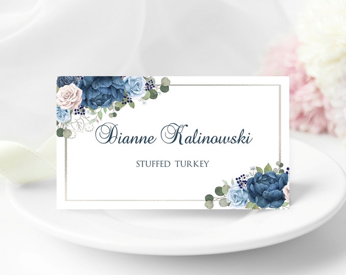 Place Card Royal Peony Blue Rose  Romantic Accent Fairy Tale Princess Wedding Escort Cards Table Seating Reserved Seating Cards #PC-0901