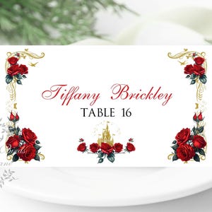 Tarjetas de lugar planas o plegadas con estampado floral romántico rojo con íconos de comida opcionales PC619-15