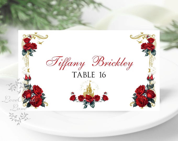 Printed Place Cards | Romantic Red Floral | Flat or Folded Place Cards with optional meal icons PC619-15