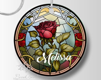 Beauty And The Beast Enchanted Rose Stained Glass Keychain Zipper Pull Party Favor #KC-0726-1