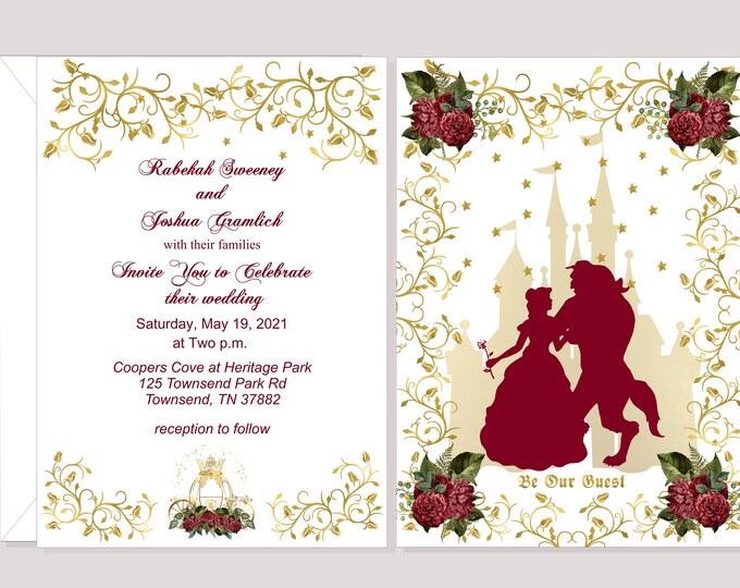 Digital File Beauty and The Beast Enchanted Fairy Tale  Wedding Invitation | Princess Wedding Invitation | Calligraphy Wedding Invitation