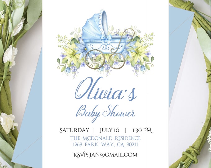 Blue Baby Carriage Invitation Party Invite For Baby Showers and Birthdays #I223P