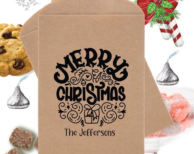 SAVE 30% OFF 24 Personalize Merry Christmas Favor Bags Confection Treat Bags Candy Bag North Pole Christmas Party Favors Table Party Favor