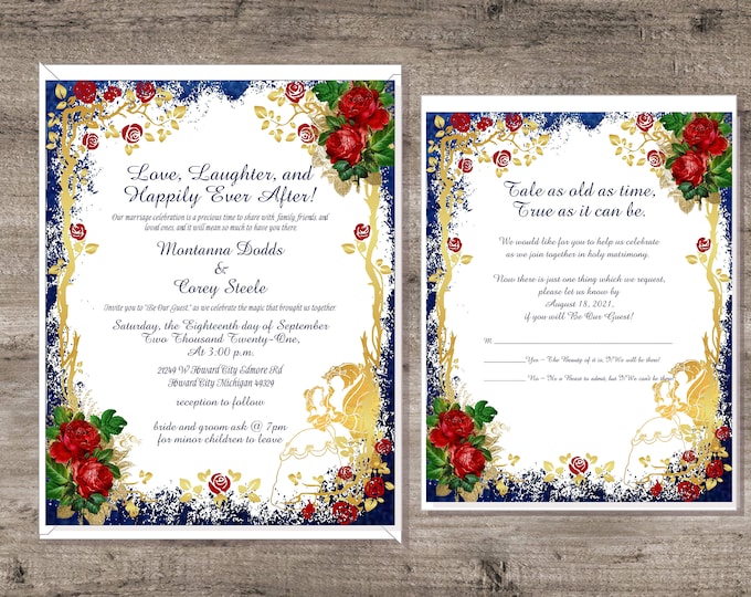 Beauty and The Beast Enchanted Rose Wedding Invitation Suite Calligraphy Wedding Invite with matching RSVP cards #I-326P-4