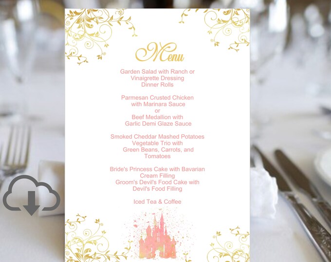 Digital Printable Disney Castle Wedding Menu | Calligraphy Wedding Menu