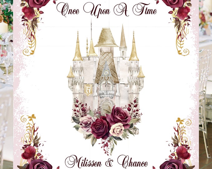 Digital Wedding Welcome Sign Personalized Fairy Tale Cinderella Castle Wedding Welcome Sign Red and Gold lovebirdslane #S0922-1D