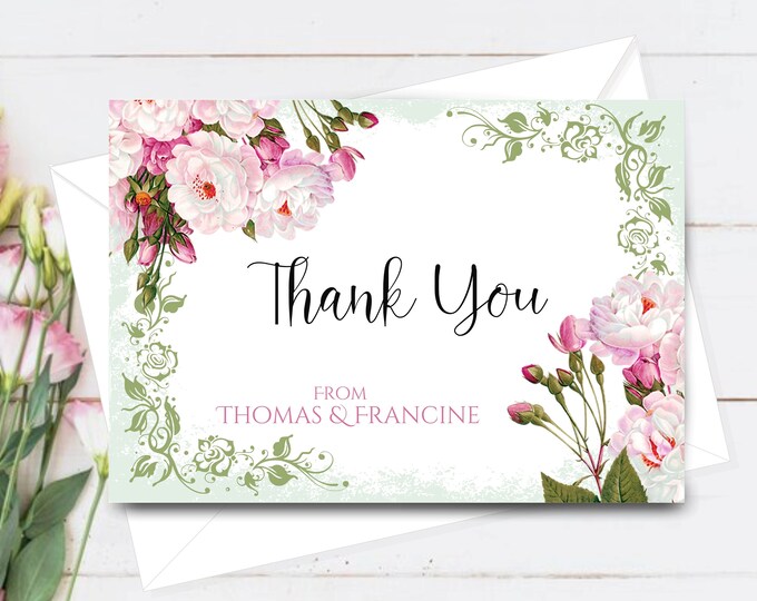 Personalized Thank You Cards Wedding | Moss and Pink Thank You Cards | Enchanted Carriage Thank You Note Cards | Item #C1206