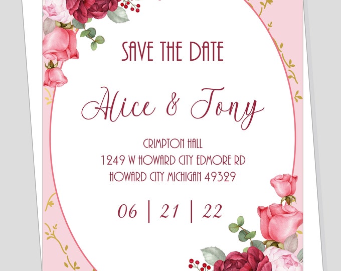 Blush Red Rose Diamond Save The Date Invitation | Calligraphy Wedding Invitation #WI0521-1P