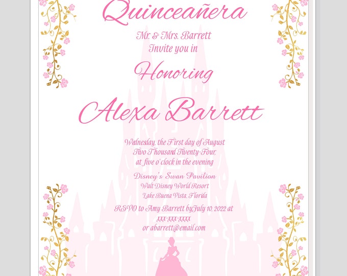 Personalized Cinderella Pink Invitation | Princess Wedding Invitation | Calligraphy Wedding Invitation WI517-1