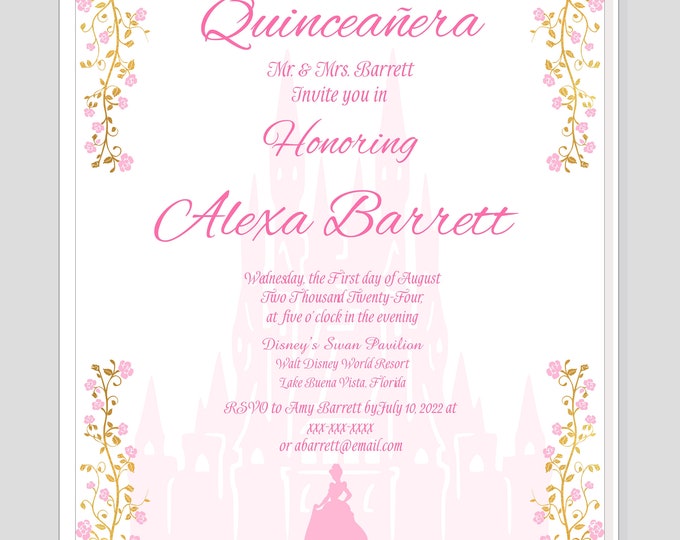 Personalized Cinderella Pink Invitation | Princess Wedding Invitation | Calligraphy Wedding Invitation WI517-1