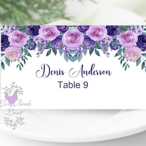 Cartões de lugar impressos com estampa floral roxa e lavanda para casamento | Cartões de lugar planos ou dobrados com ícones de refeição opcionais PC619-14
