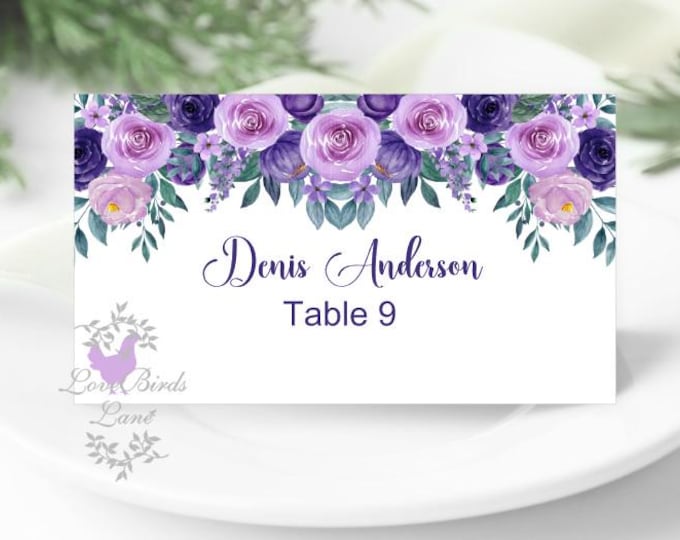 Printed Place Cards | Wedding Purple & Lavender Floral | Flat or Folded Place Cards with optional meal icons PC619-14