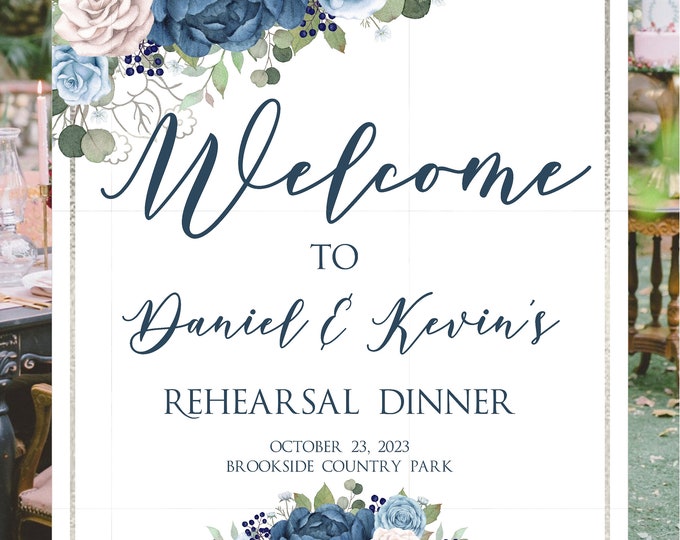 Printed Blue Peony and Roses Wedding Rehearsal Dinner Welcome Sign S-0901P