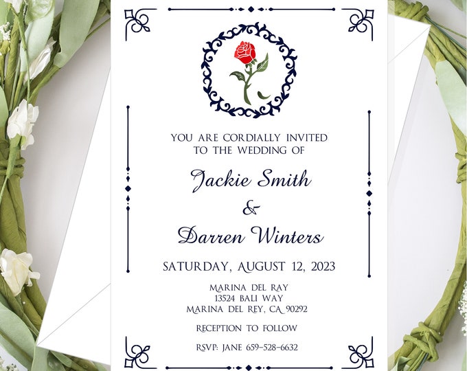 Enchanted Rose Beauty and The Beast Wedding Wedding Invitation | Calligraphy Wedding Invitation | Lovebirdslane #I-2219