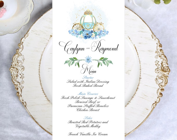 Printed Cinderella Pretty In Blue Wedding Carriage Menu lovebirdslane #220801-0P