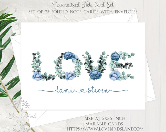 Blue Botanical Thank You Cards | Personalized Thank You Card | Personalized Note Cards | lovebirdslane #C22623-1