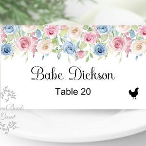 Tarjetas de lugar planas o plegadas con estampado floral de peonías rosas y azules con íconos de comidas opcionales PC619-7