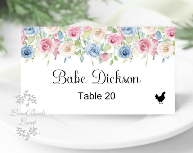 Printed Place Cards | Pink and Blue Peony Floral | Flat or Folded Place Cards with optional meal icons PC619-7