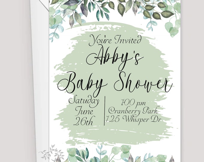 Watercolor Botanical Leaf Baby Shower Invitation | Modern Baby Invitation | Calligraphy Baby Invitation #I528P5