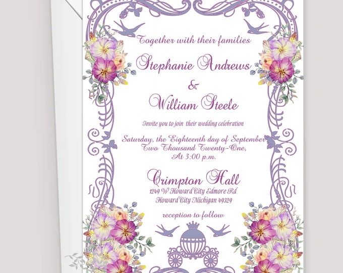 Watercolor Enchanted Fairy Tale Wedding Invitation | Cinderella Carriage Wedding Invitation | Calligraphy Wedding Invitation #I528P2