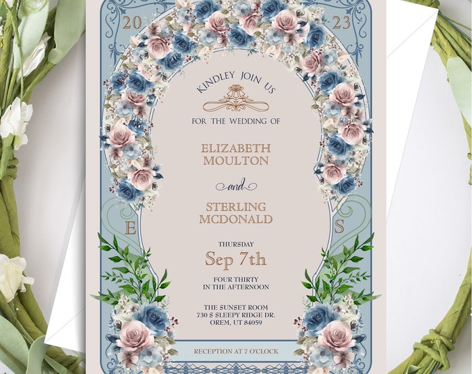 Dusty Rose Navy Rose Vintge Invite | Wedding Invitation | Calligraphy Wedding Invitation | Art Nouveau Lovebirdslane #I-0717-1