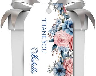 Pink and Blue Floral Personalized Gift Tags | Wedding Blush Rose Thank You Gift Tags | Personalized Thank You Card #T0618