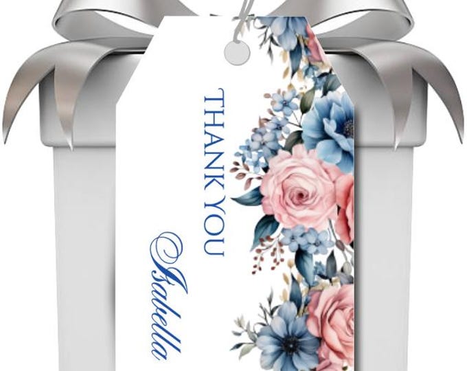 Pink and Blue Floral Personalized Gift Tags | Wedding Blush Rose Thank You Gift Tags | Personalized Thank You Card #T0618
