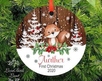 Personalized Baby's First Christmas Ornament | Personalized Woodland Fox and Snowflakes Glass Ornament #O-1114.5a  #firstchristmas