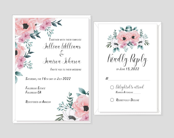 Watercolor Burgundy Blush Floral Fairy Tale  Wedding Invitation and RSVP Card | Princess Wedding Invitation | Calligraphy Wedding Invitation