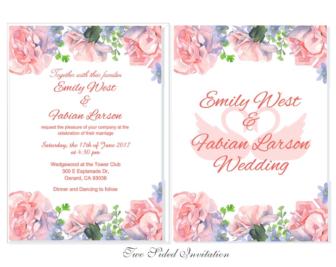 Set of 25 Water Color Pink Roses Floral Invitation | Wedding Invitation | Wedding Announcement | Calligraphy Wedding Invite | lovebirdslane