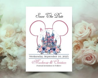 Personalized Enchanted Castle Fairytale Wedding Save The Date Card | Blush Rose Princess Wedding Invitation | Calligraphy Wedding Invitation