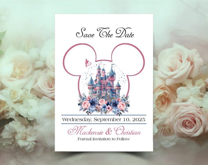 Personalized Enchanted Castle Fairytale Wedding Save The Date Card | Blush Rose Princess Wedding Invitation | Calligraphy Wedding Invitation