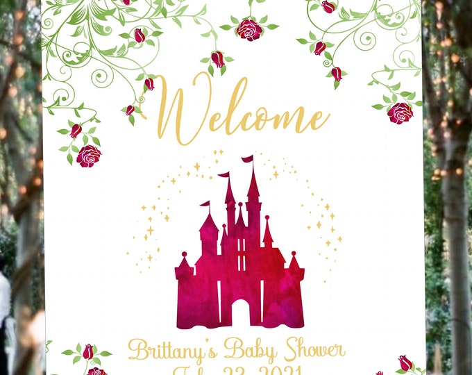 Digital Personalized Fairy Tale Cinderella Castle Baby Shower Welcome Sign Alternate Guest Book Room Decor #WS62D