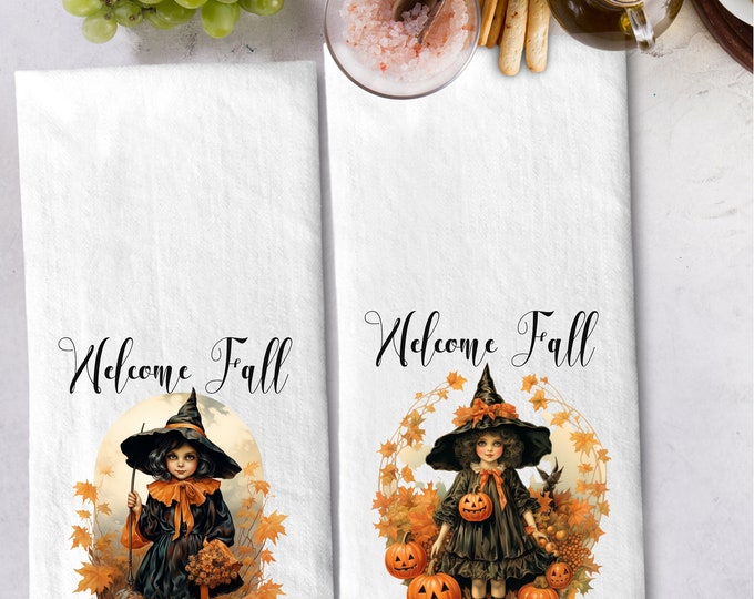 Vintage Halloween Witch Welcome Fall Tea Towels Personalized Vintage Pumpkin Tea Towel Gift Set | Kitchen Hand Towel Gift Set lovebirdslane