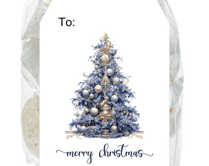 PRINTED Blue Christmas Tree Gift Tags wtih String Personalized Corporate Gift Custom Hostess Gift Vintage Gift Tags #T1215-1