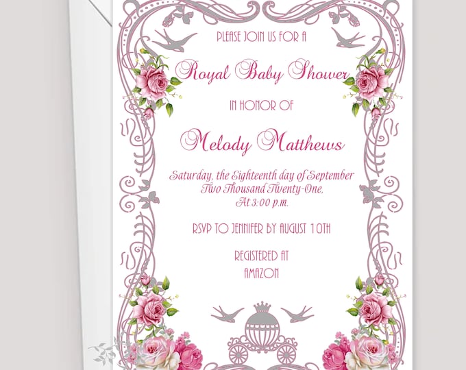 Cinderella Carriage Baby Shower Invitation | Modern Baby Invitation | Calligraphy Baby Invitation #I528P8