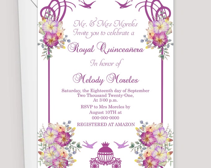 Cinderella Carriage Quinceanera or Sweet 16 Invitation | Modern Teen Invitation | Calligraphy Quinceanera Invitation #I061P2