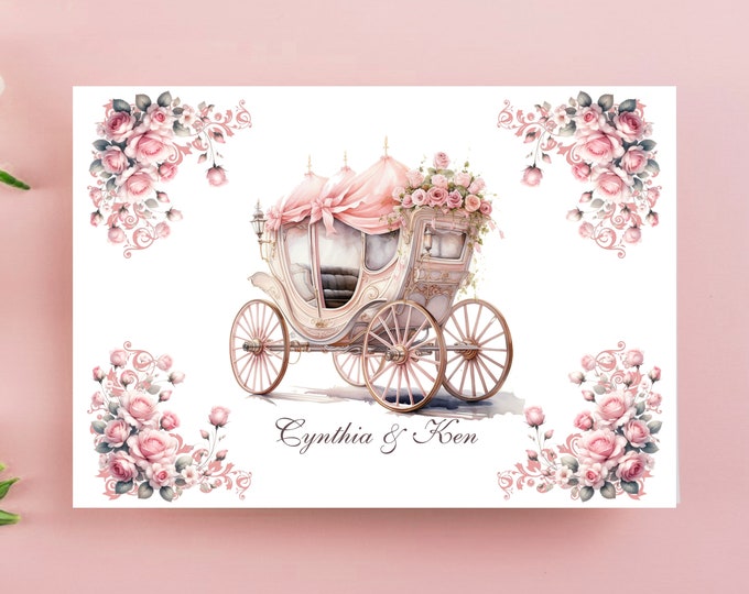 Personalized | Cinderella Pink Floral Carriage Thank You Cards | Enchanted Carriage Thank You Note Cards | Item #C719