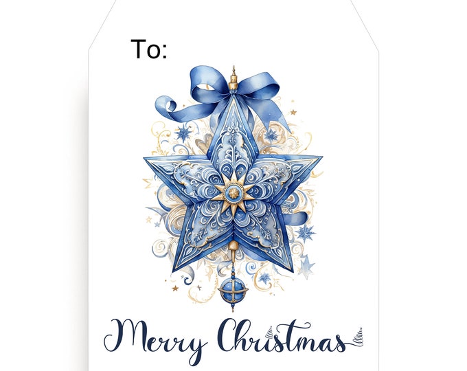 PRINTED Blue Christmas Star Gift Tags wtih String Personalized Corporate Gift Custom Hostess Gift Vintage Gift Tags #T1215-2