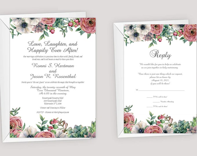 Succulent Wedding Invitation with Reply Card | Calligraphy Wedding Invitation #WI612-1