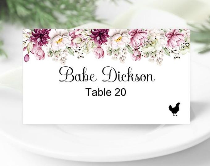 Printed Place Cards | Romantic Burgundy & Blush Floral | Flat or Folded Place Cards with optional meal icons PC619-17