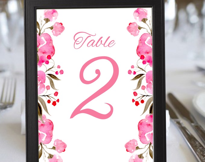 Vintage Pink Floral Watercolor Table Numbers Wedding Table Cards