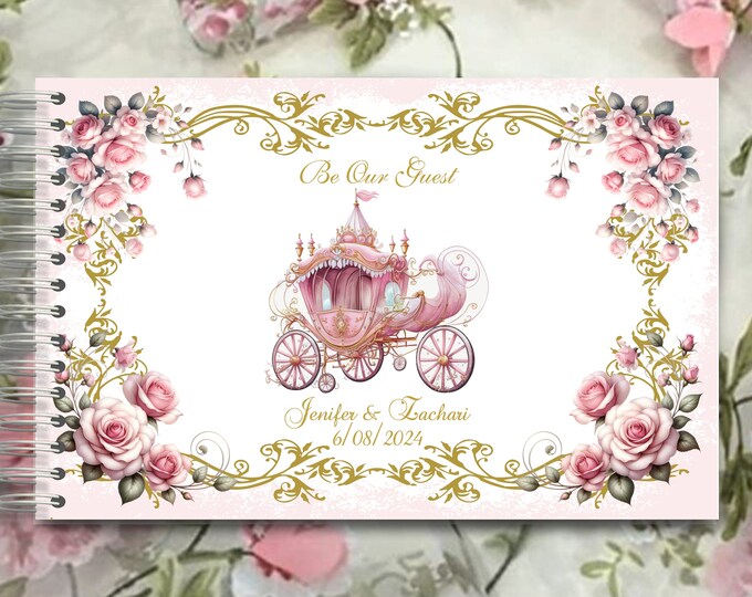 Personalized Cinderella Blush Wedding Guest Book Princess Carriage Photograph Guest Book | Memory Journal or Quince Guestbook #GB-0527-1
