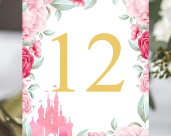 Blush Rose Cinderella Castle Table Numbers | Table Seating Cards | Item TN-429-1 | Rose Table Setting