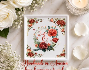 Victorian Rose Monogram Ring Dish - Custom Coaster Trinket Tray - Personalized Initial Engagement Gift