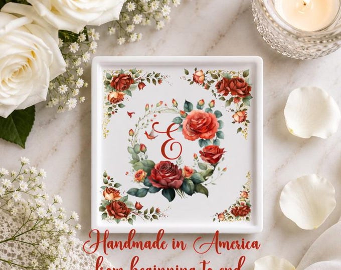 Victorian Rose Monogram Ring Dish - Custom Coaster Trinket Tray - Personalized Initial Engagement Gift