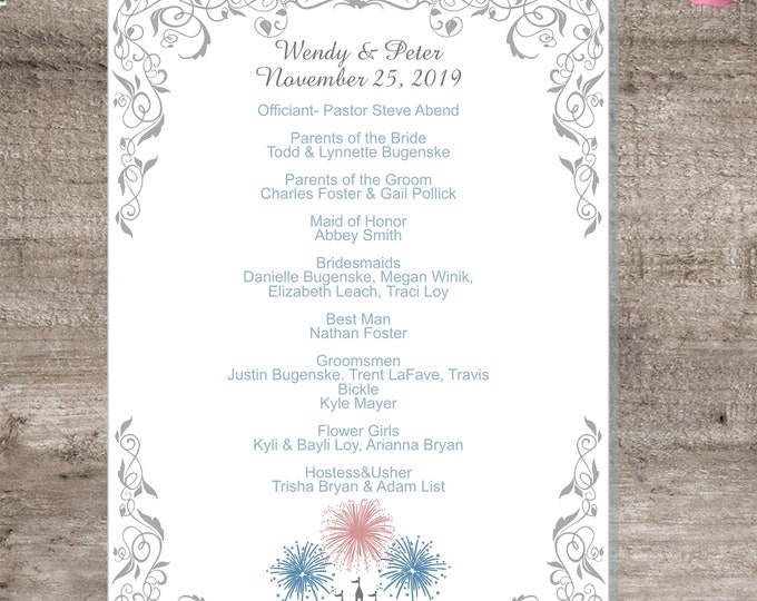 Digital Fireworks Castle Enchanted Fairytale  Program Card | Princess Wedding Program | Calligraphy Wedding Program