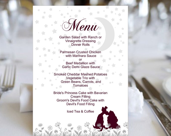 Lady And The Tramp Table Menus Order Only What You Need | Table Menu Cards | Plum And Silver #TM-0810-1 #Ladyandthetramp