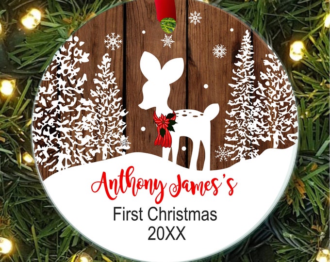 Baby's First Christmas Ornament Personalized Christmas Ornaments  Deer Ornament Rustic ornament Fawn Ornament faux wood OR1114-1